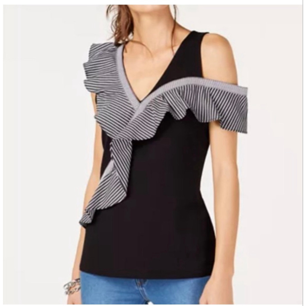 INC International Concepts Ruffle Asymmetrical Top Black Striped XL